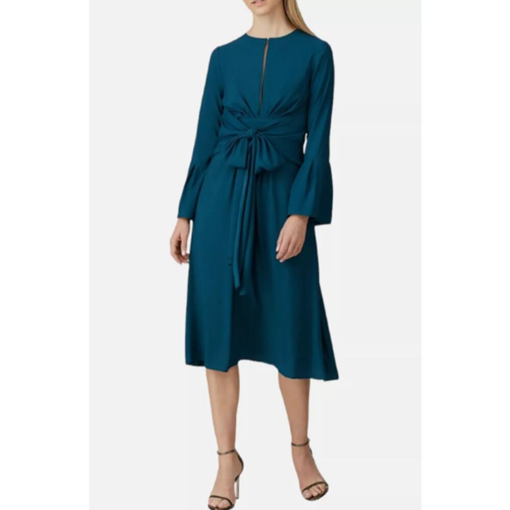 Tome Teal Bell Sleeve Tie Waist Keyhole Neckline Fit & Flare Midi Dress Womens 2